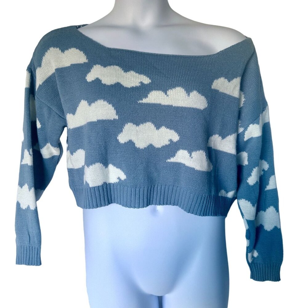 Nasty Gal Cropped Coquet Sky Blue Cloud Print Cozy Sweater Size Large